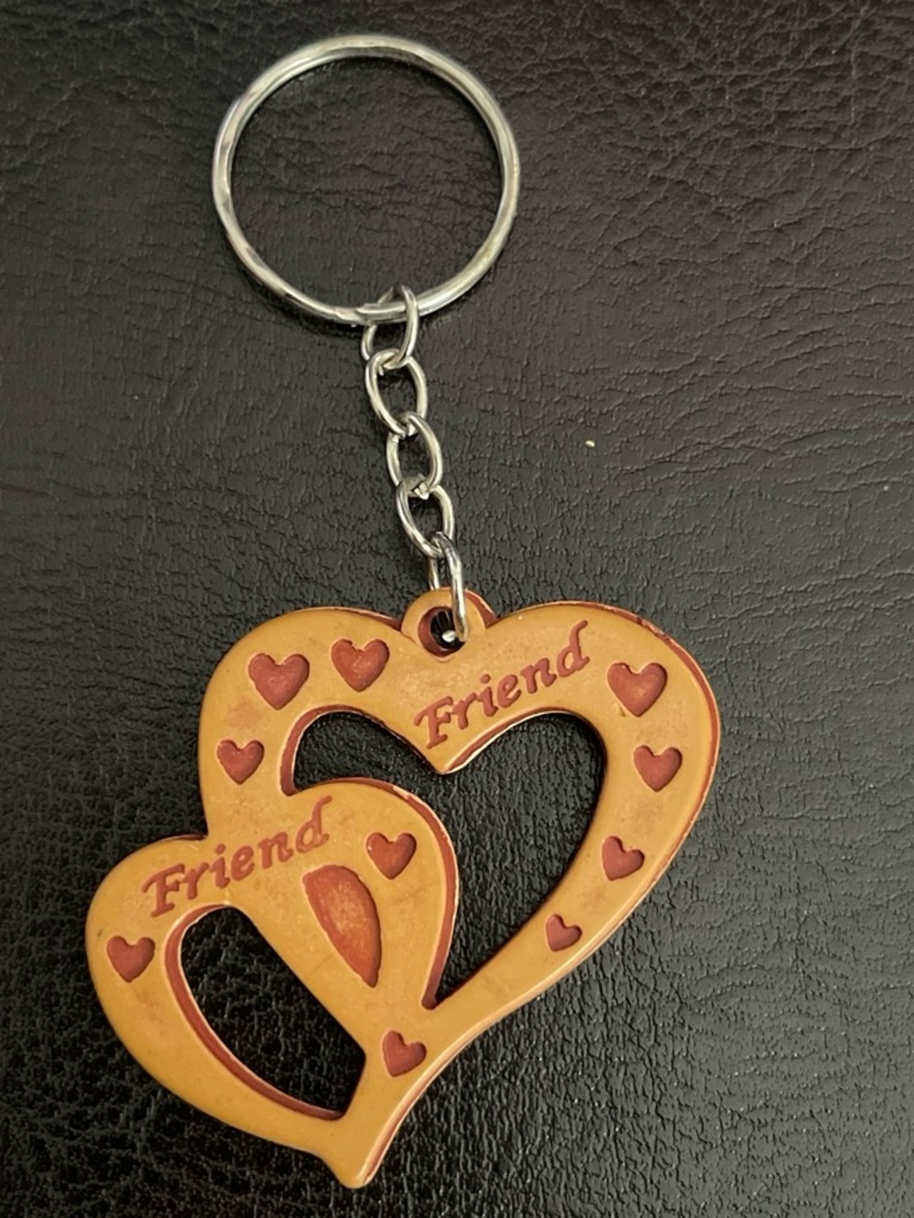 Friend Engraved Double Heart Keychain in Brown